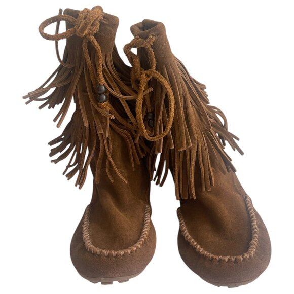 Minnetonka Brown Suede Leather Double Fringe Moccasin Boots Women's Size 6.5 - Picture 3 of 8